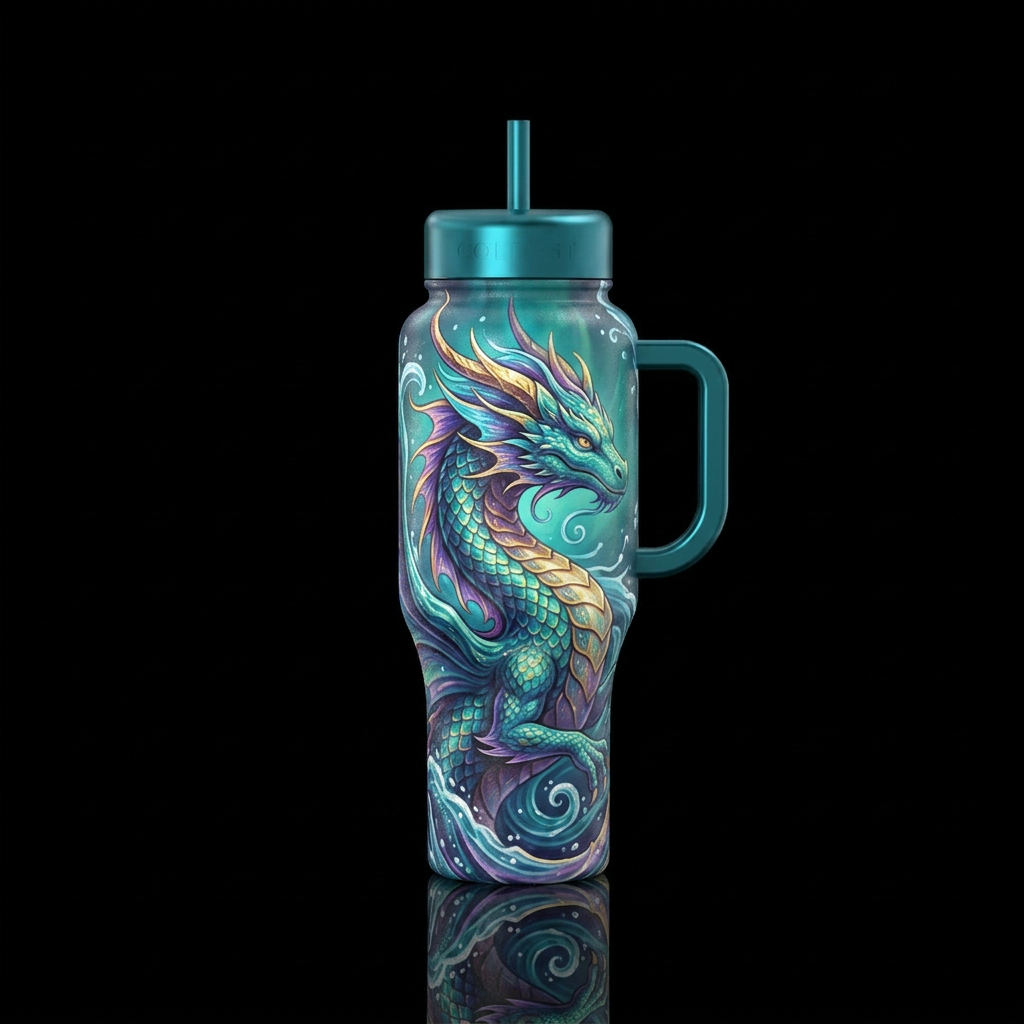 Water dragon, beautiul, vibrant, magical, fantasy,... water bottle design