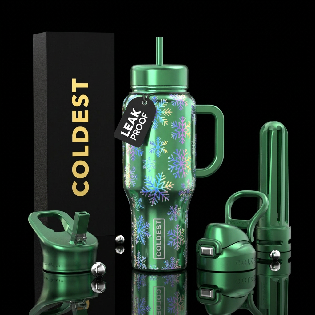 Shiny green background with irridescent snowflakes... water bottle design