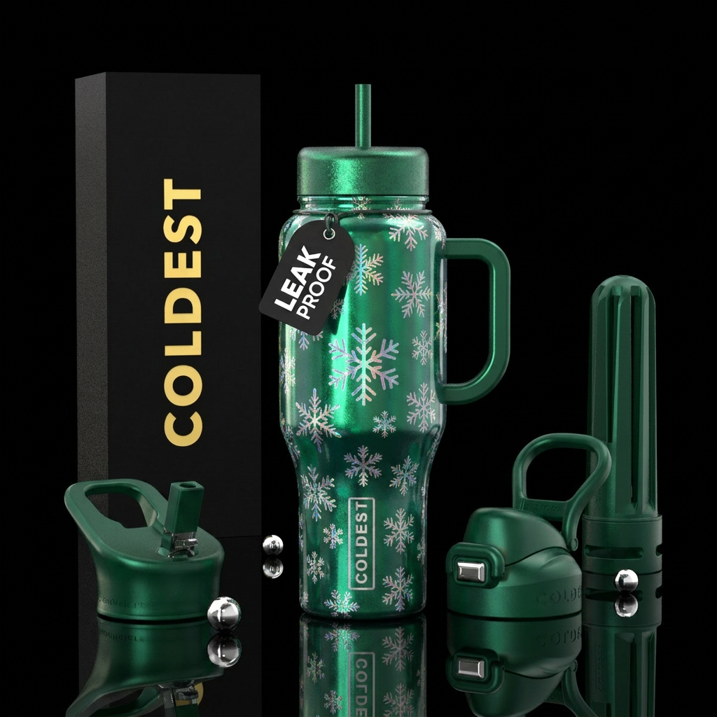 Shiny green background with irridescent snowflakes... water bottle design