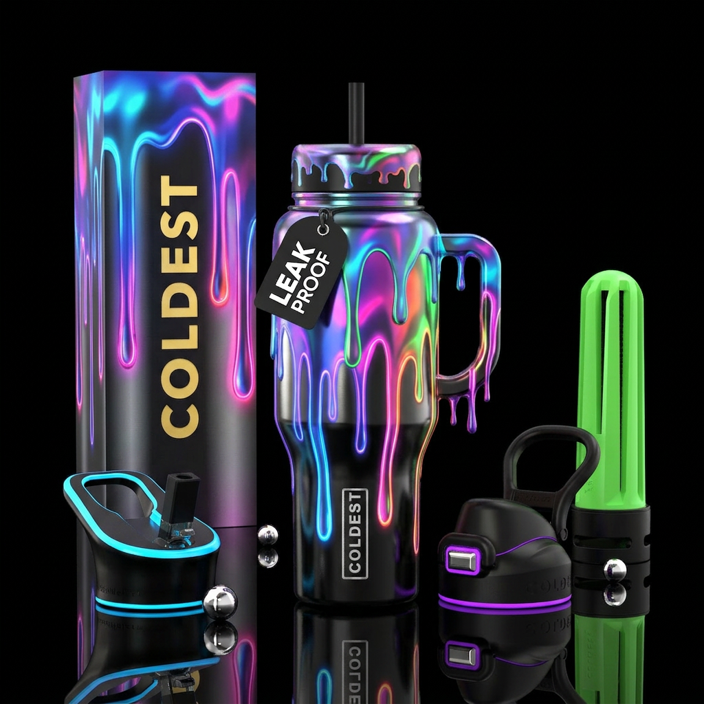 Melting dripping bright glowie neon colors with a ... water bottle design