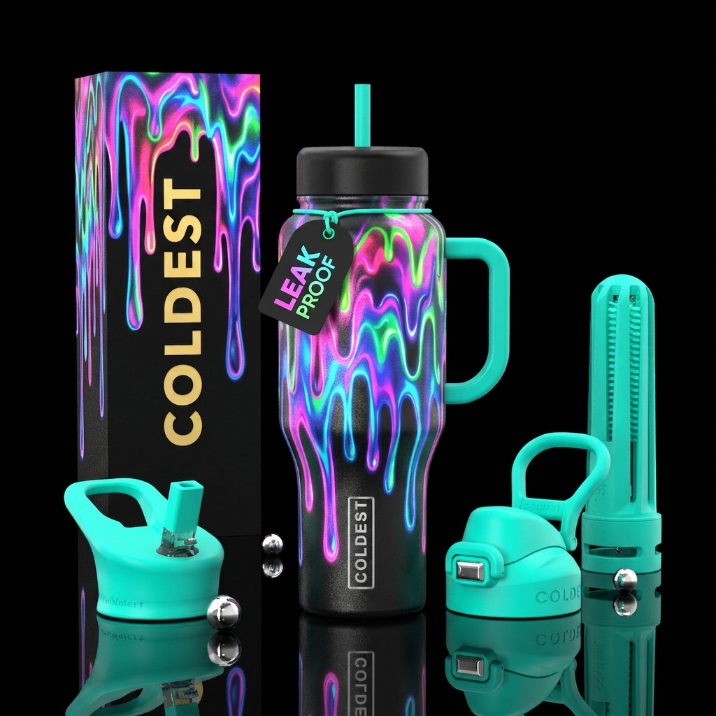 Melting dripping bright glowie neon colors with a ... water bottle design