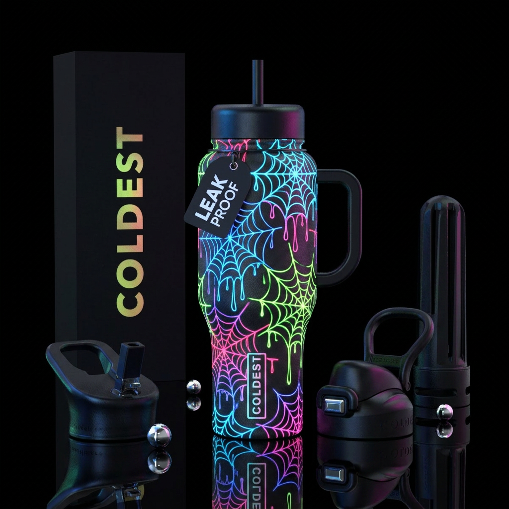 Neon glowie dripping spider webs, glowie, vibrant,... water bottle design