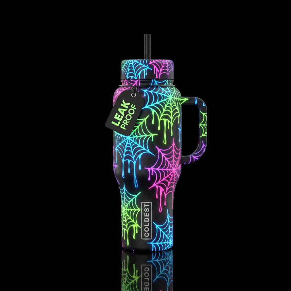 Neon glowie dripping spider webs, glowie, vibrant,... water bottle design