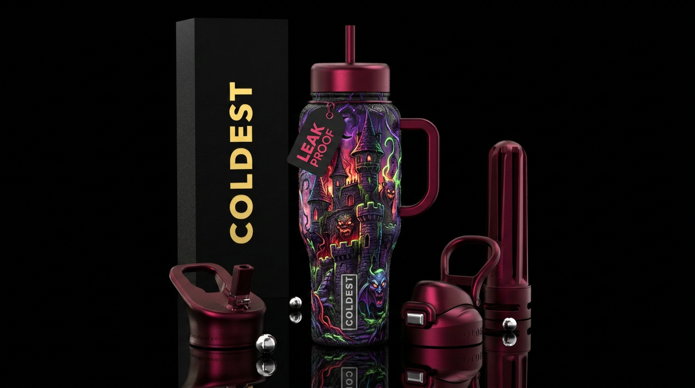 distressed, haunted castle, scary, funny, vibrant,... water bottle design