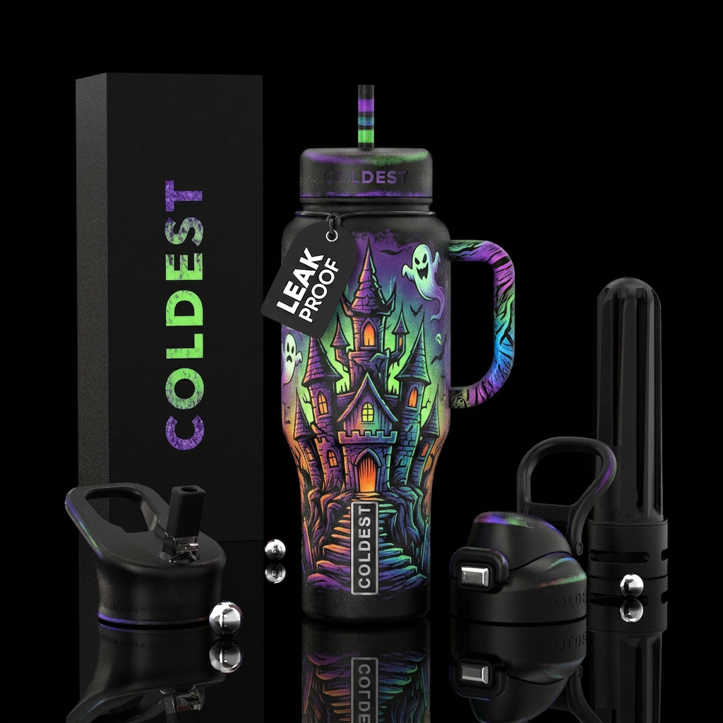 distressed, haunted castle, scary, funny, vibrant,... water bottle design