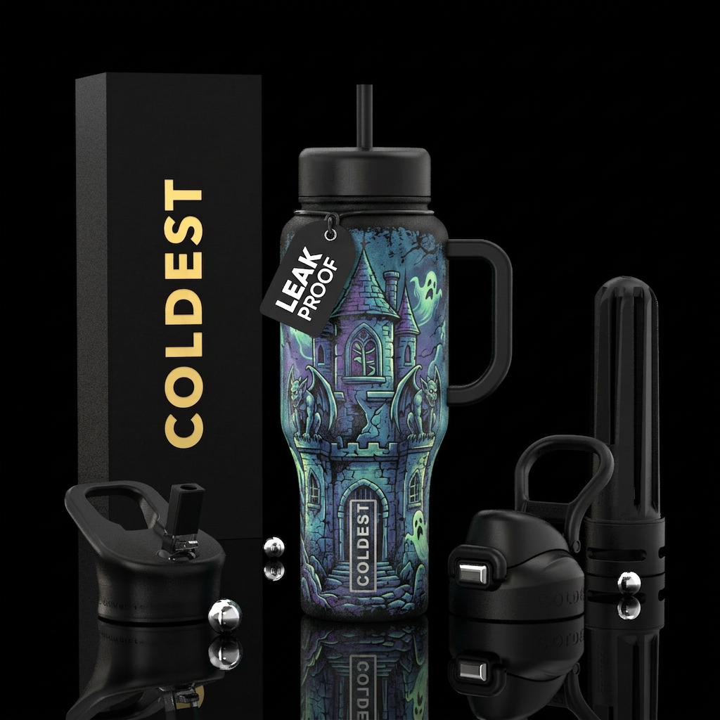 distressed, haunted castle, scary, funny, vibrant,... water bottle design