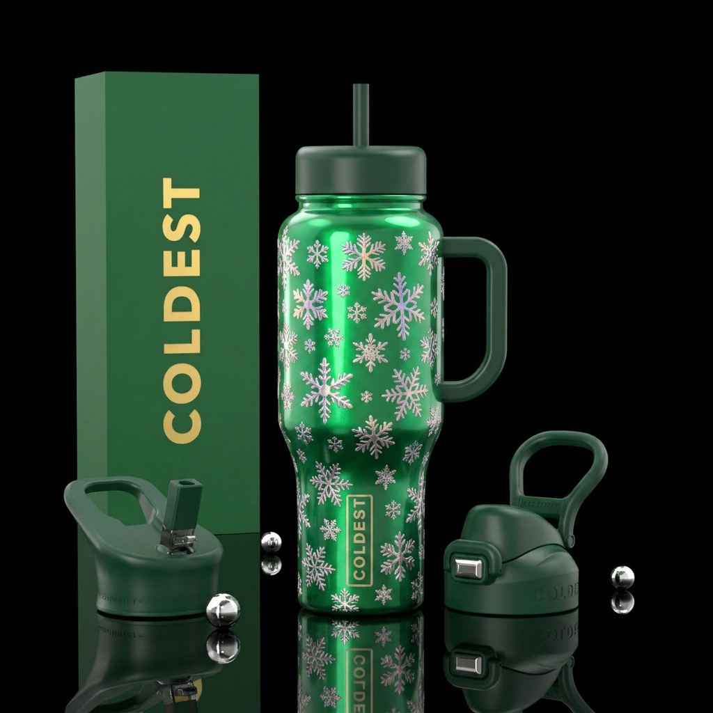 Shiny green background with irridescent snowflakes... water bottle design