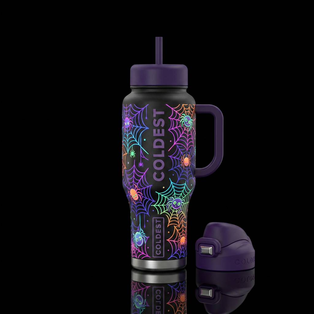 Neon bright spider webs with white glow in the dar... water bottle design