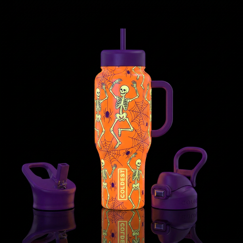 Bright orange background with neon glowie spider w... water bottle design