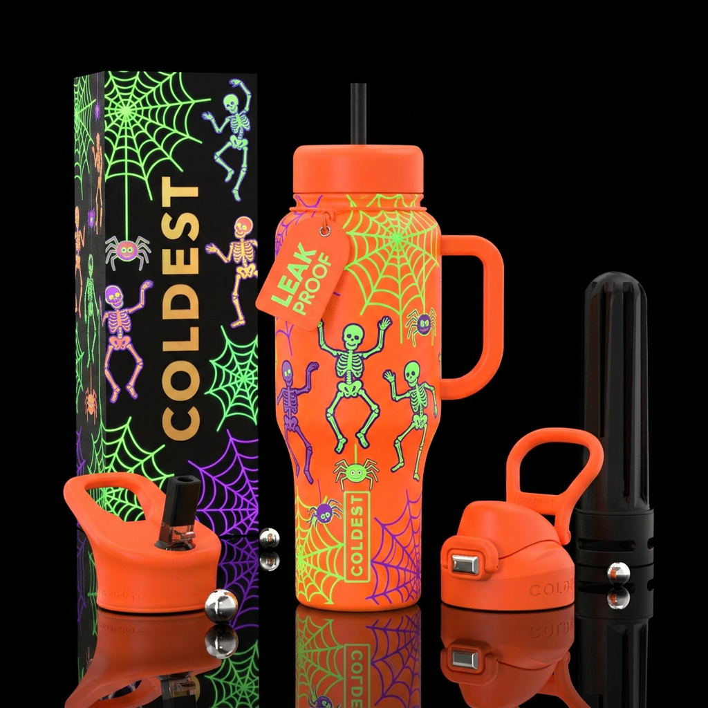 Bright orange background with neon glowie spider w... water bottle design