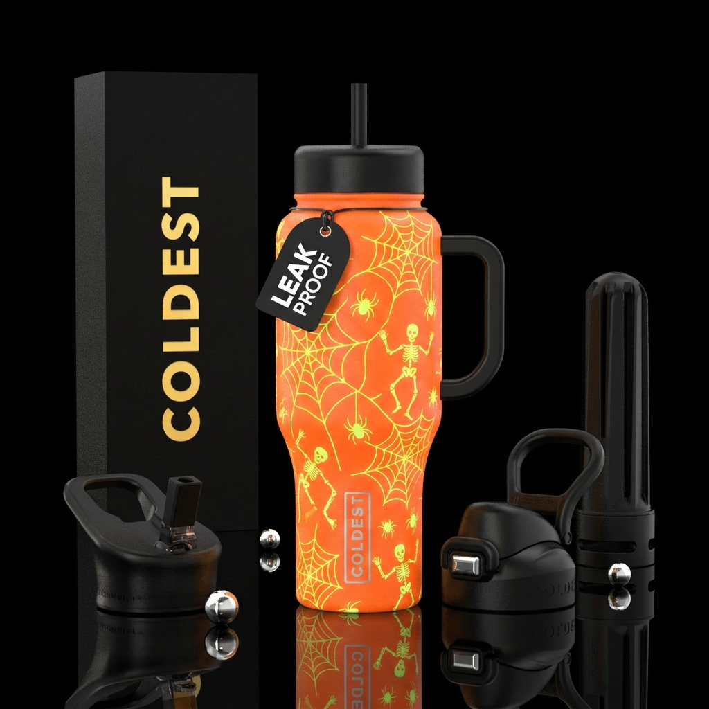 Bright orange background with neon glowie spider w... water bottle design