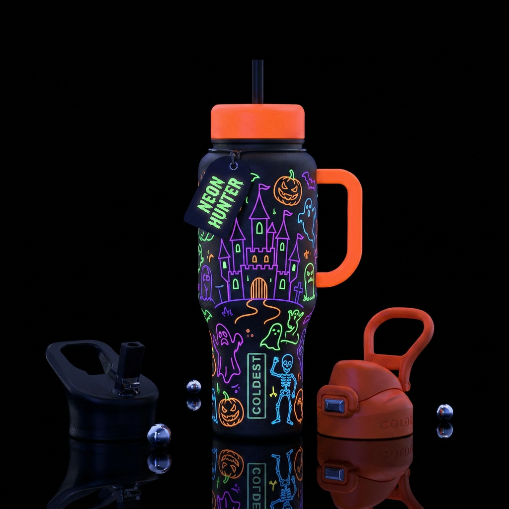 Neon haunted castle outlines and ghost pumpkins an... water bottle design