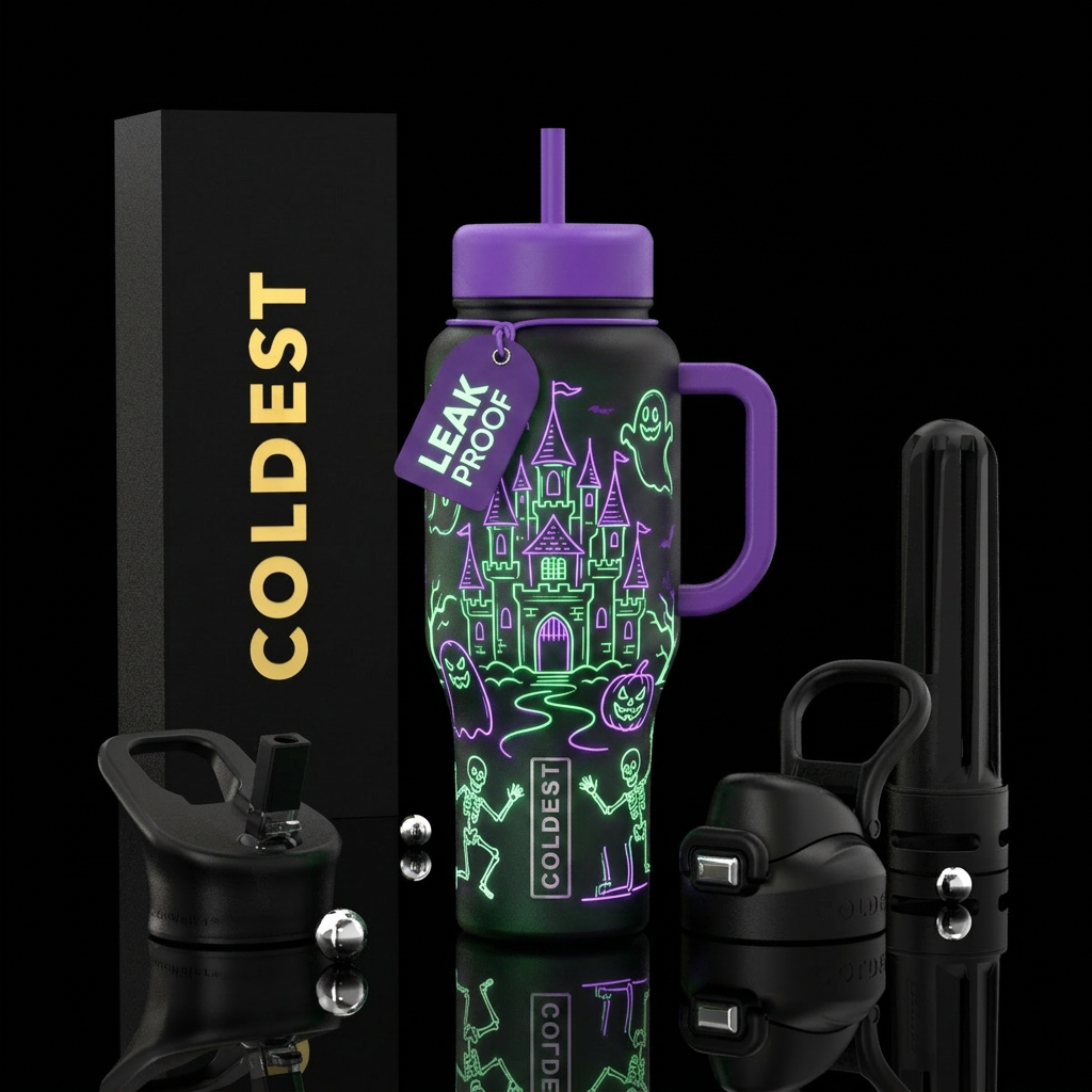 Neon haunted castle outlines and ghost pumpkins an... water bottle design