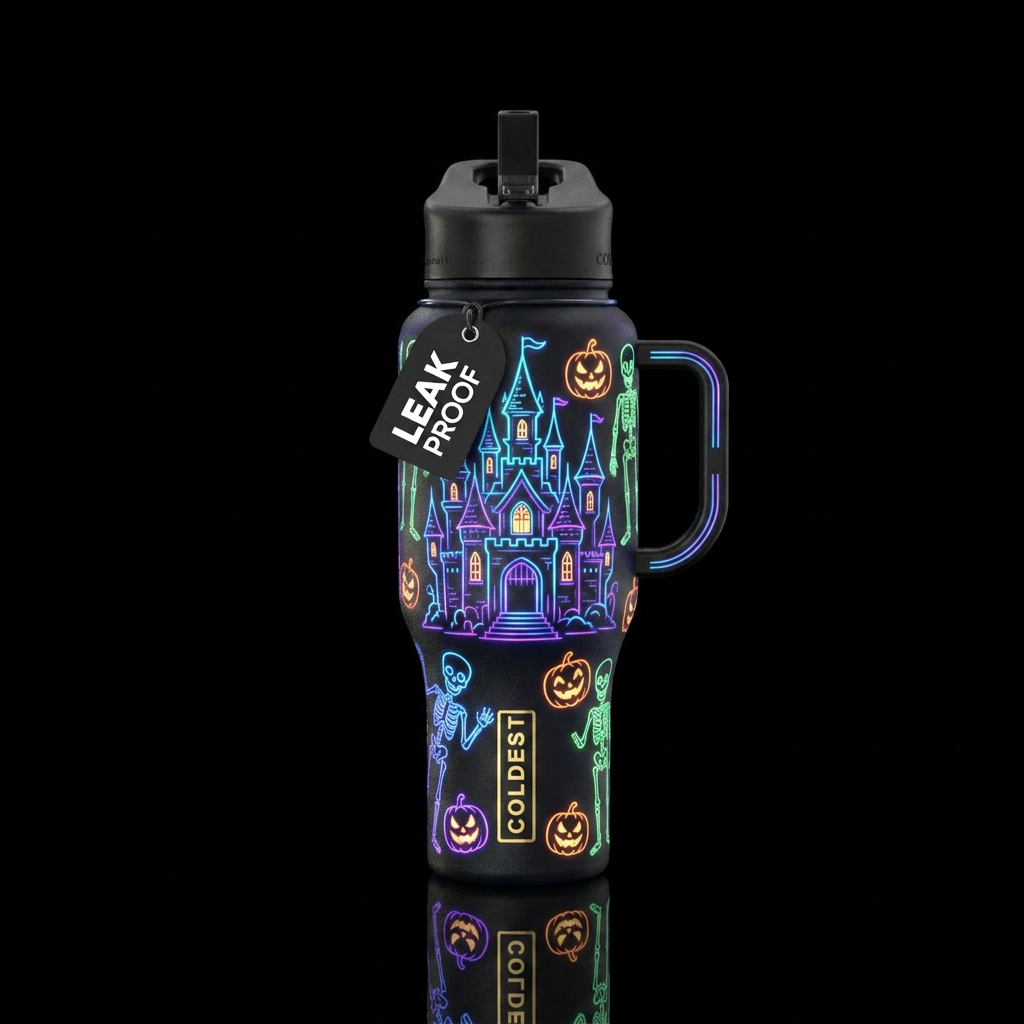 Neon haunted castle outlines and ghost pumpkins an... water bottle design