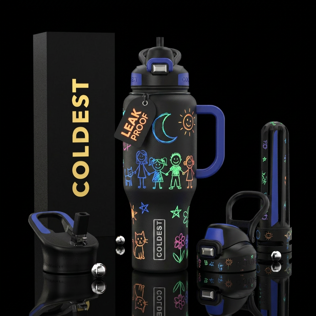 Chalk board drawings child like inspired glow in t... water bottle design