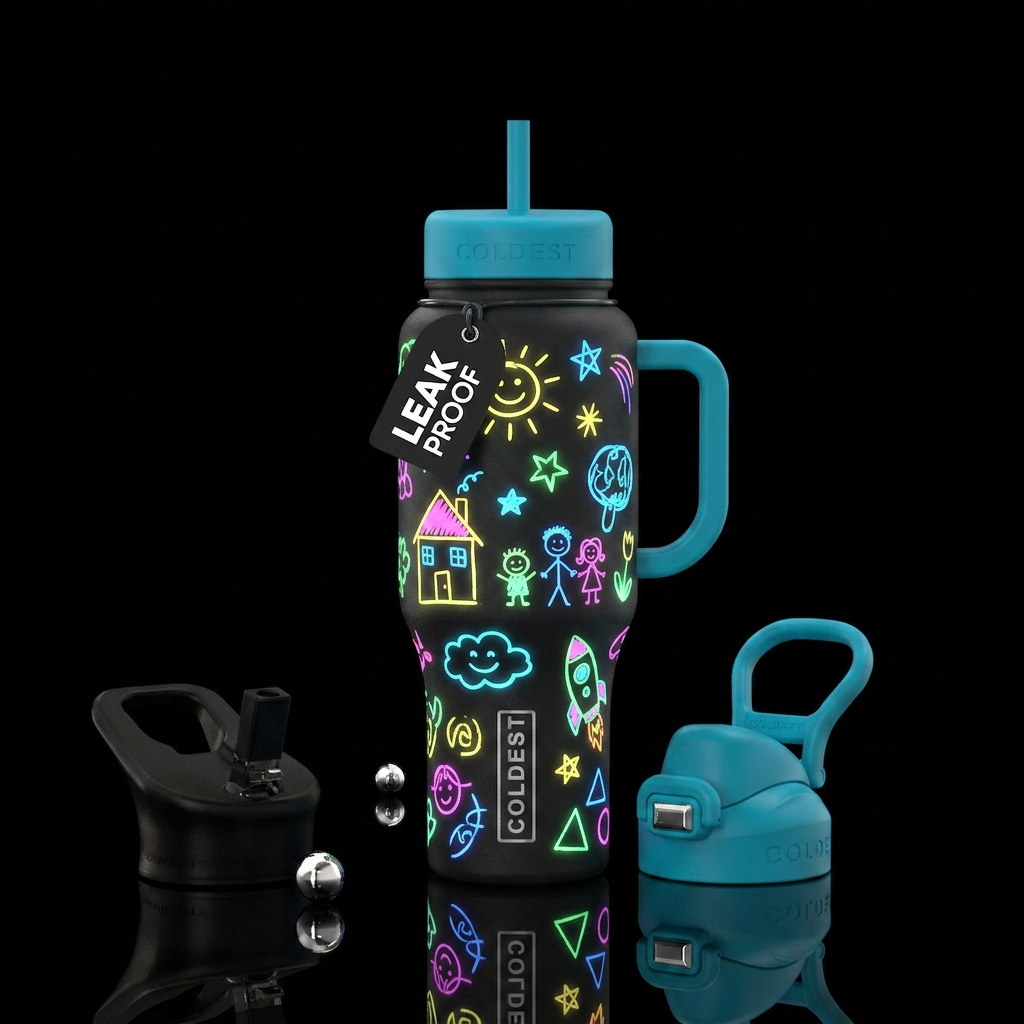 Chalk board drawings child like inspired glow in t... water bottle design