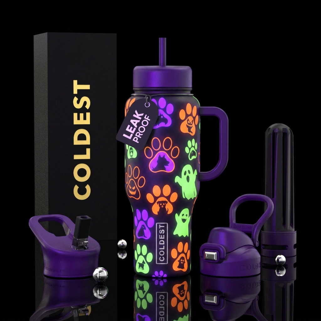 Haunted puppy paws neon with silhouettes of puppie... water bottle design