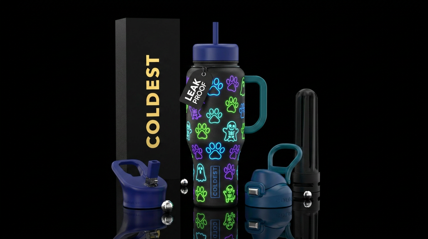 Haunted puppy paws neon with silhouettes of puppie... water bottle design