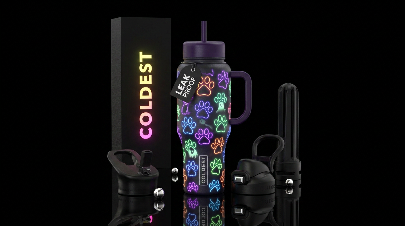 Haunted puppy paws neon with silhouettes of puppie... water bottle design