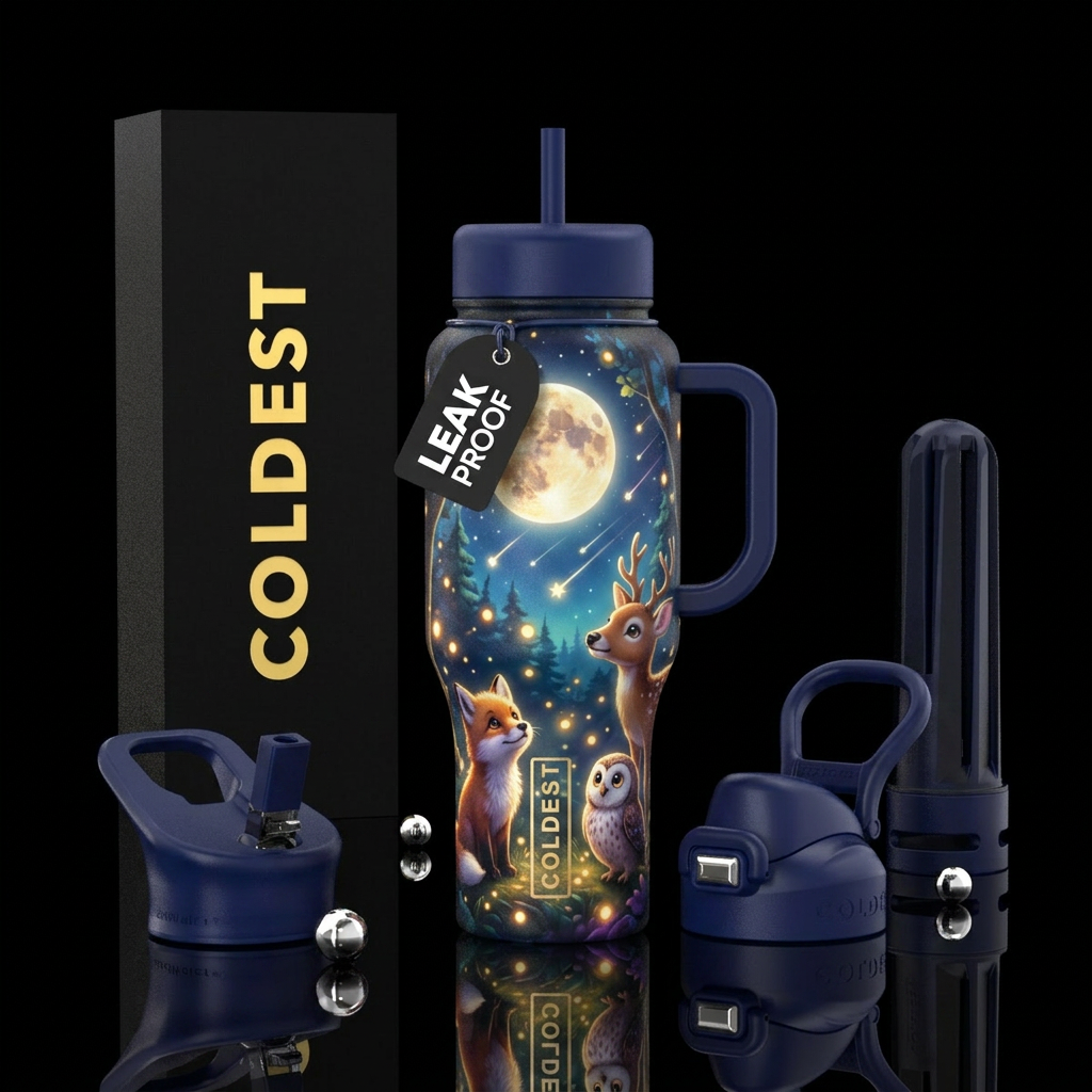 Baby forest animals under the moonlight and shooti... water bottle design