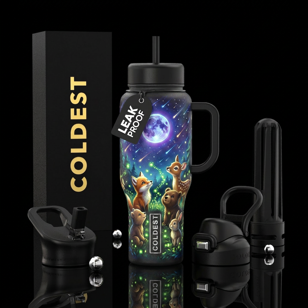 Baby forest animals under the moonlight and shooti... water bottle design