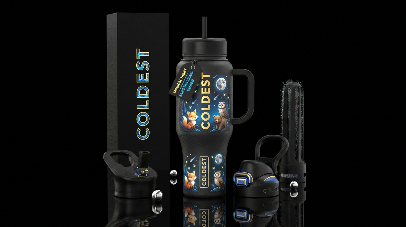 Baby forest animals under the moonlight and shooti... water bottle design