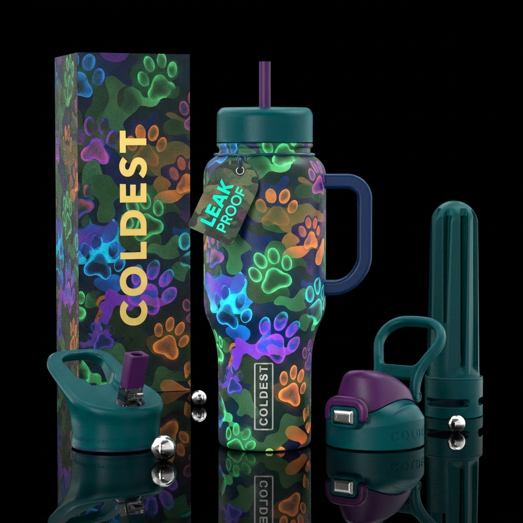 Colored camouflage glow in the dark puppy paws, vi... water bottle design