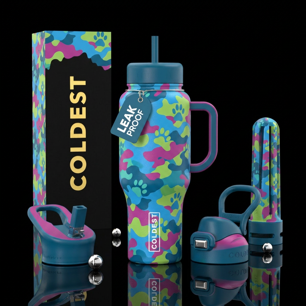 Colored camouflage with puppy paws, vibrant, moder... water bottle design
