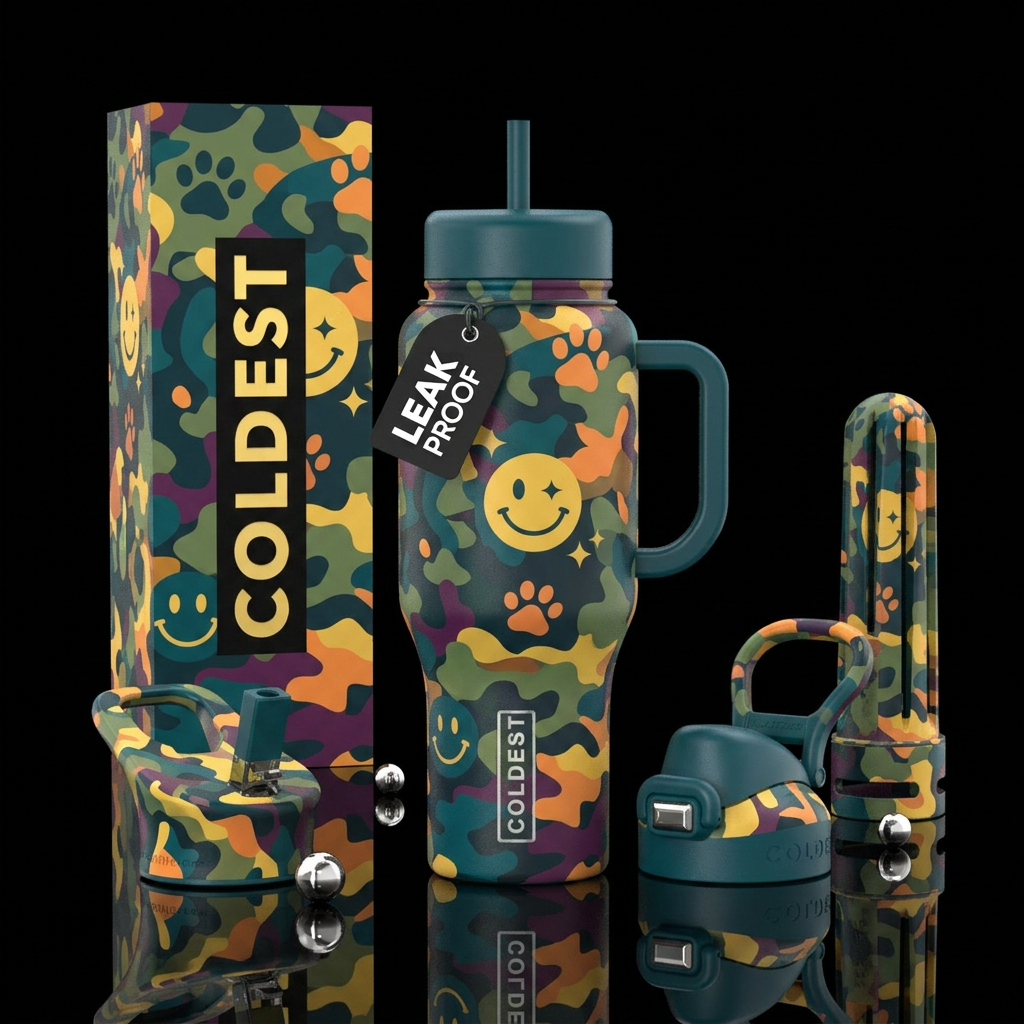Colored camouflage with puppy paws, vibrant, moder... water bottle design