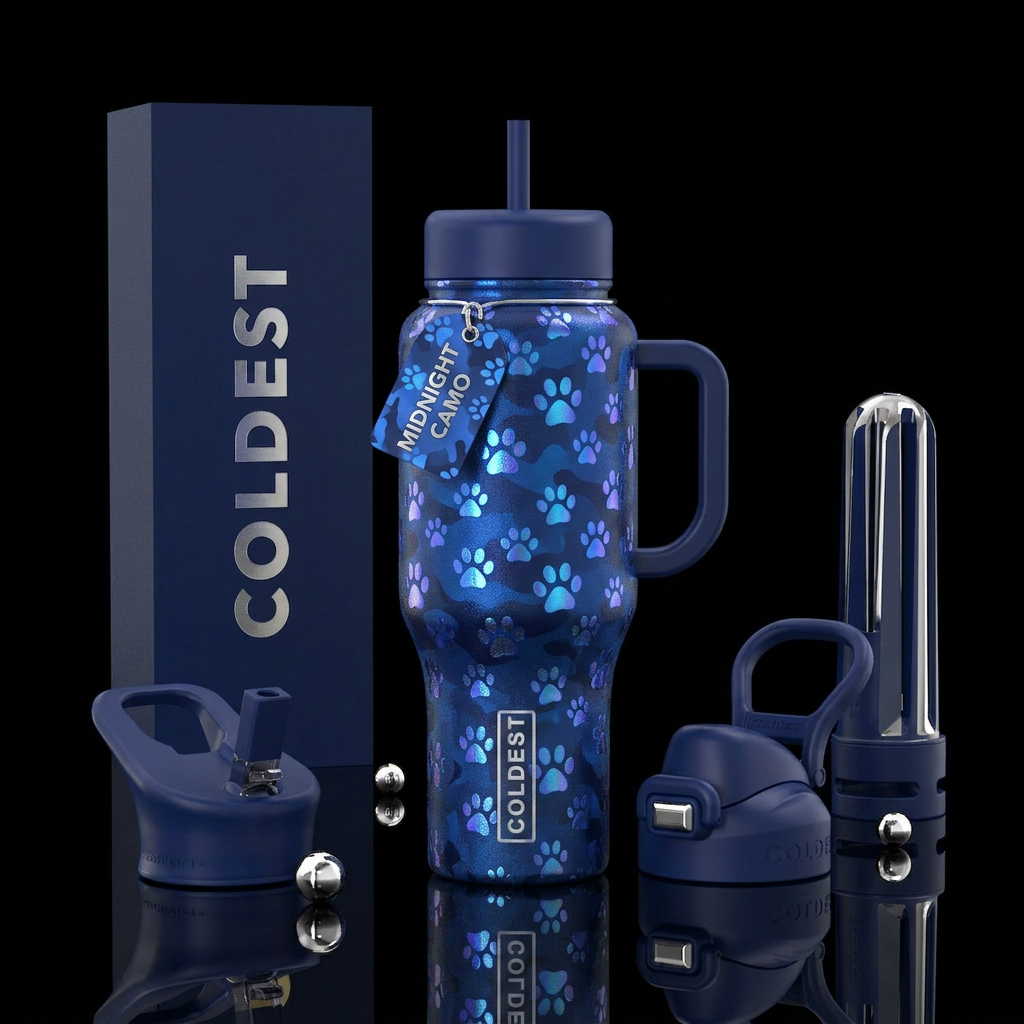 midnight blue camouflage puppy paws, vibrant, beau... water bottle design