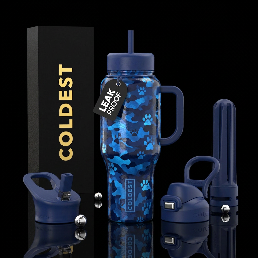 midnight blue camouflage puppy paws, vibrant, beau... water bottle design