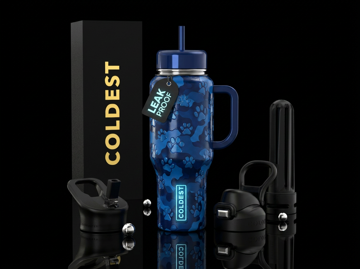 midnight blue camouflage puppy paws, vibrant, beau... water bottle design
