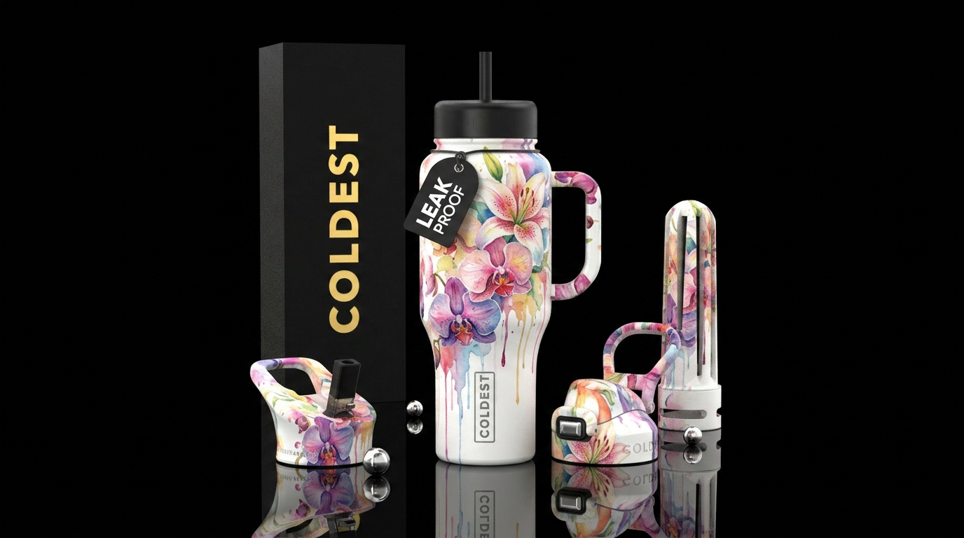 Orchids and Lilies, watercolor, vibrant, modern, a... water bottle design