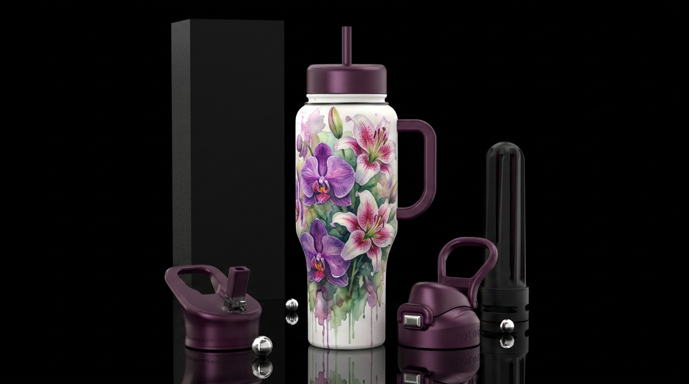 Orchids and Lilies, watercolor, vibrant, modern, a... water bottle design