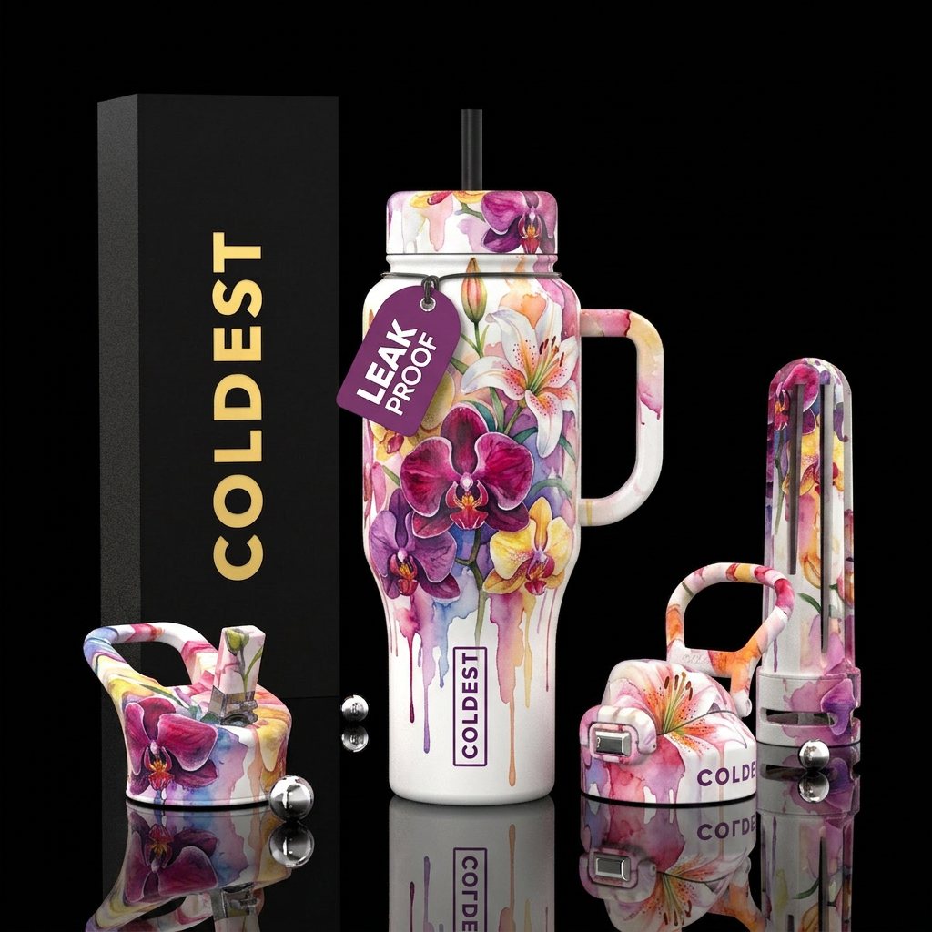 Orchids and Lilies, watercolor, vibrant, modern, a... water bottle design
