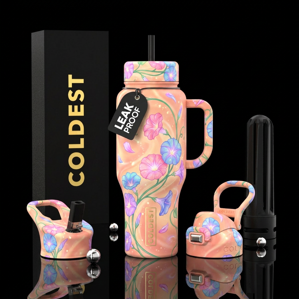 Peach colored background with pastel pink,blue and... water bottle design