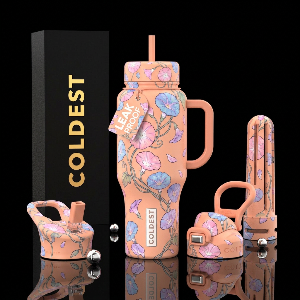 Peach colored background with pastel pink,blue and... water bottle design