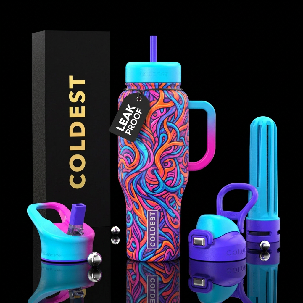 Neon orange pink blue and purple angled and wrappe... water bottle design