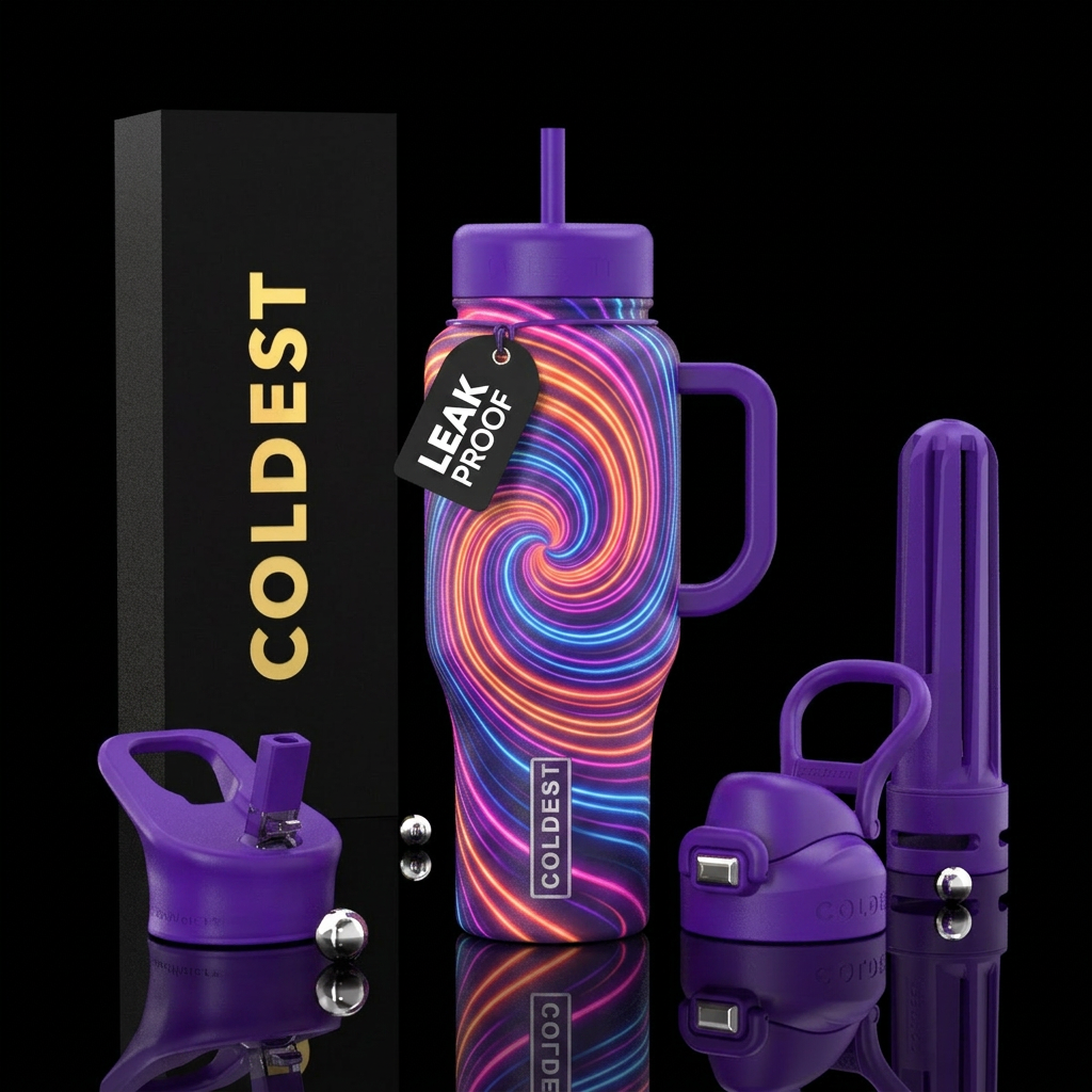 Neon orange pink blue and purple spiraled all arou... water bottle design