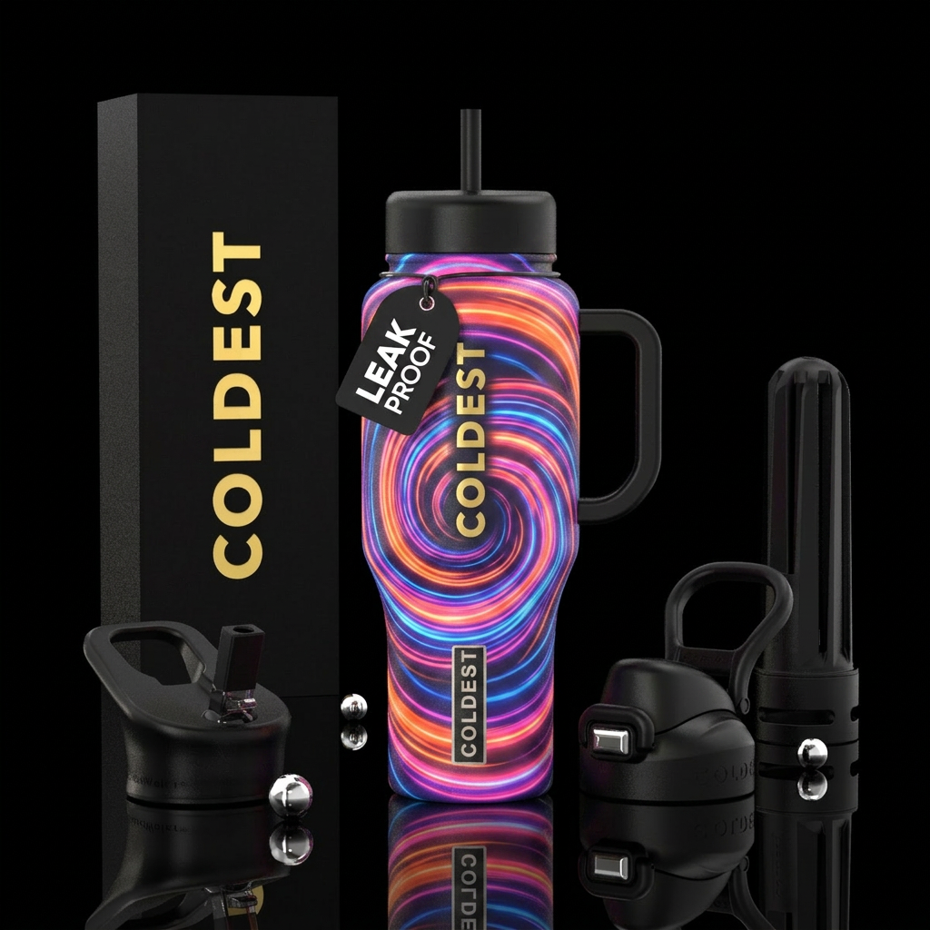 Neon orange pink blue and purple spiraled all arou... water bottle design