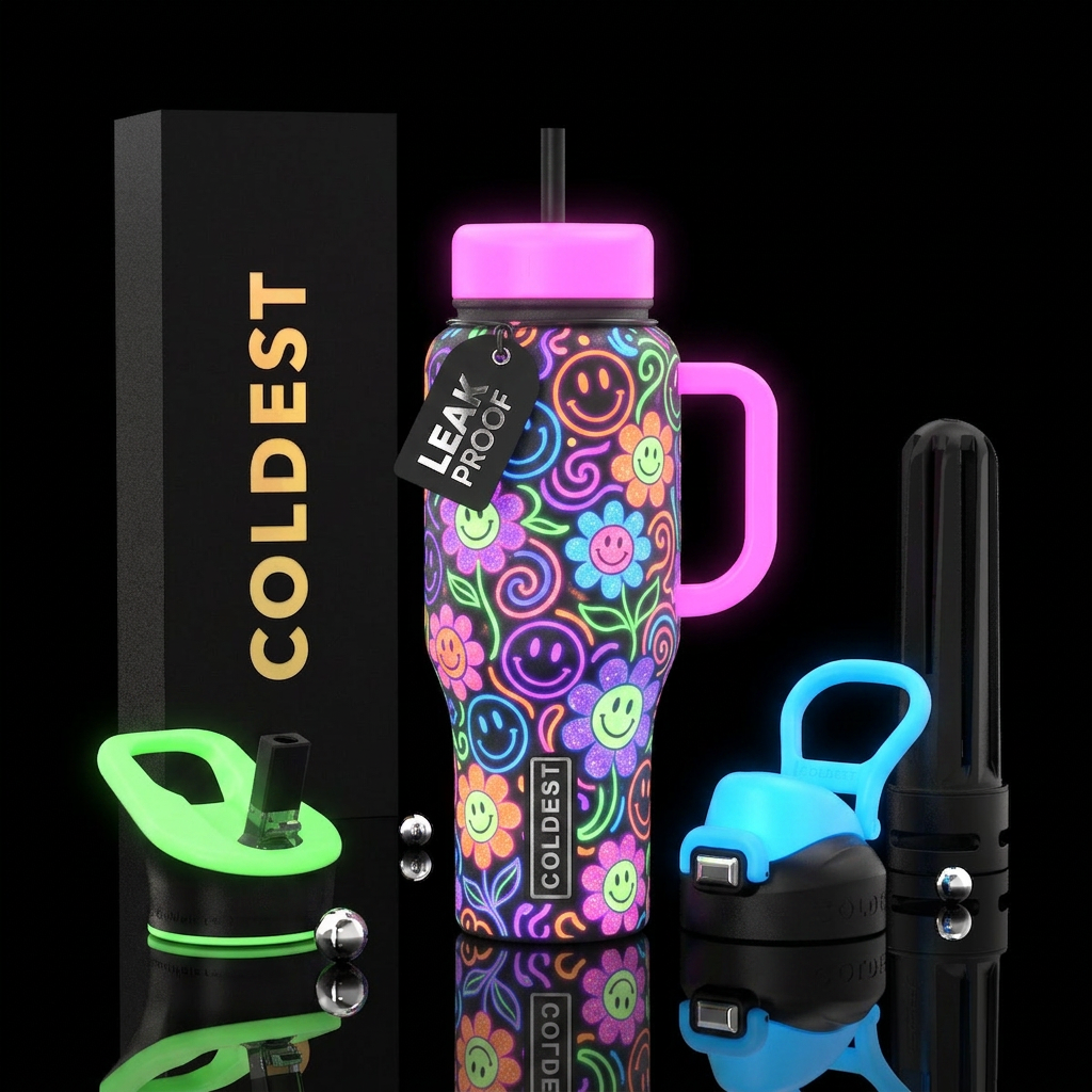 Neon purple,orange,blue,green and pink intermingle... water bottle design