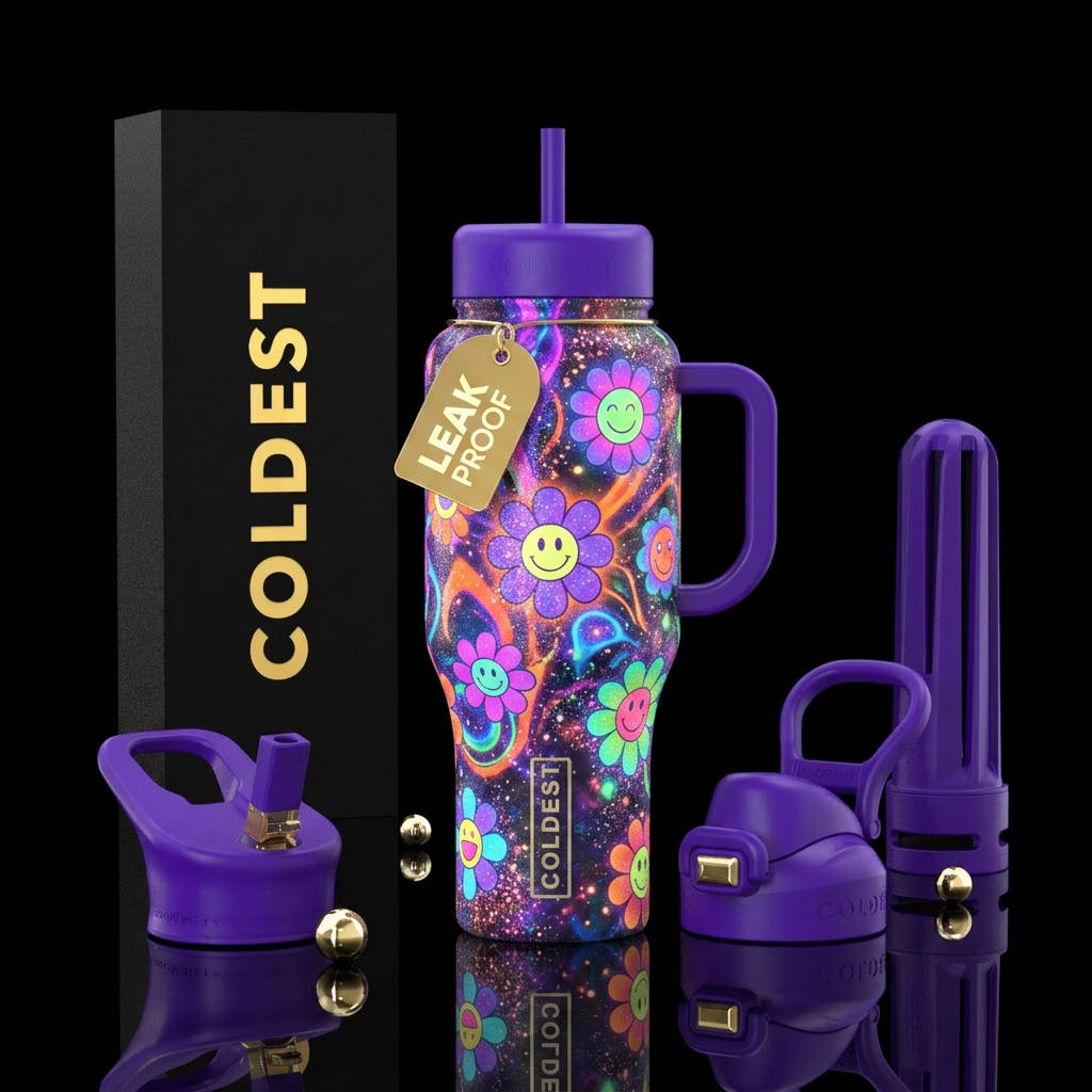Neon purple,orange,blue,green and pink intermingle... water bottle design
