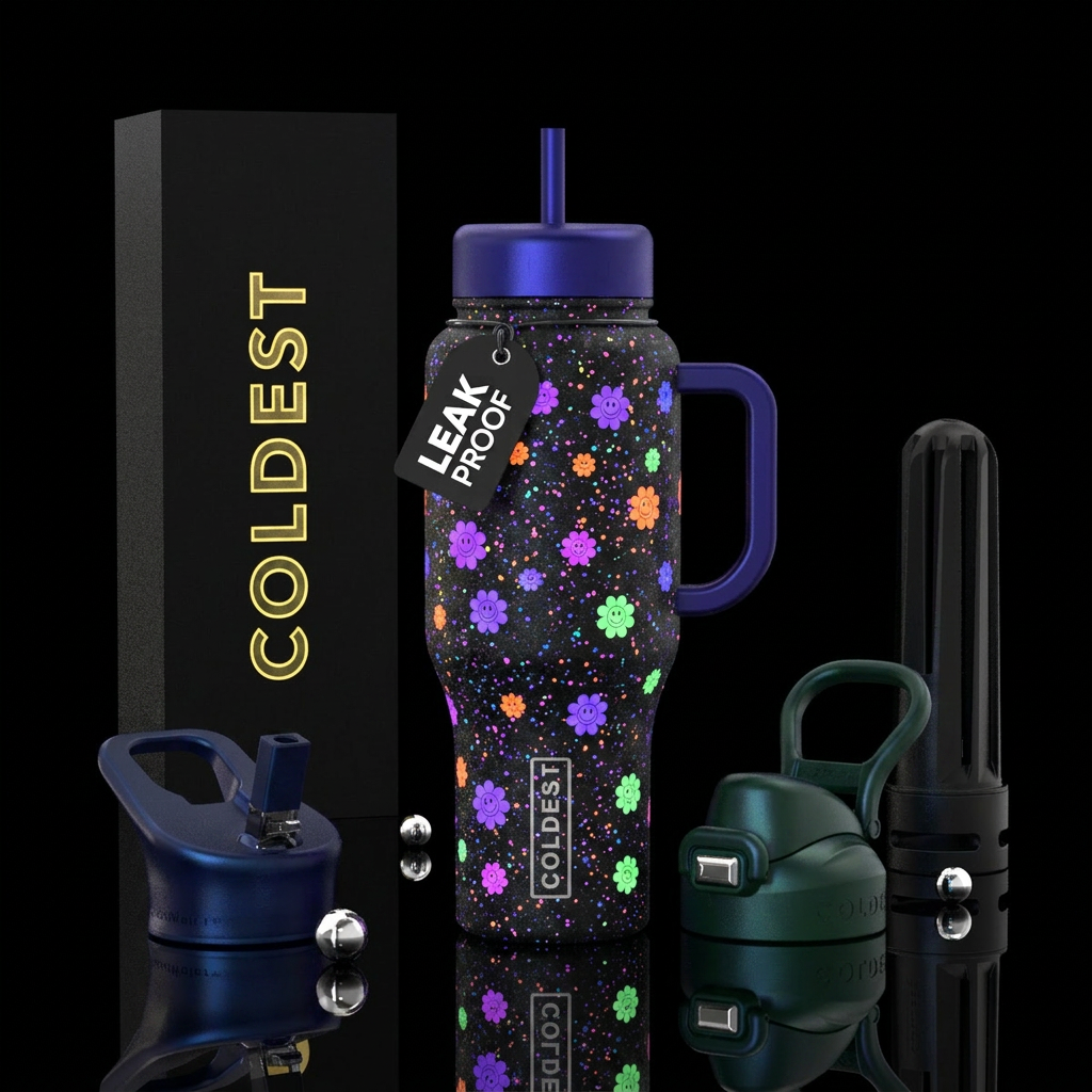 Neon purple,orange,blue,green and pink intermingle... water bottle design
