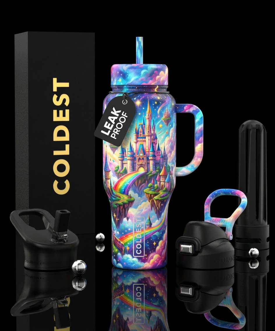 Dream castle in the sky, vibrant, magical, fantasy... water bottle design