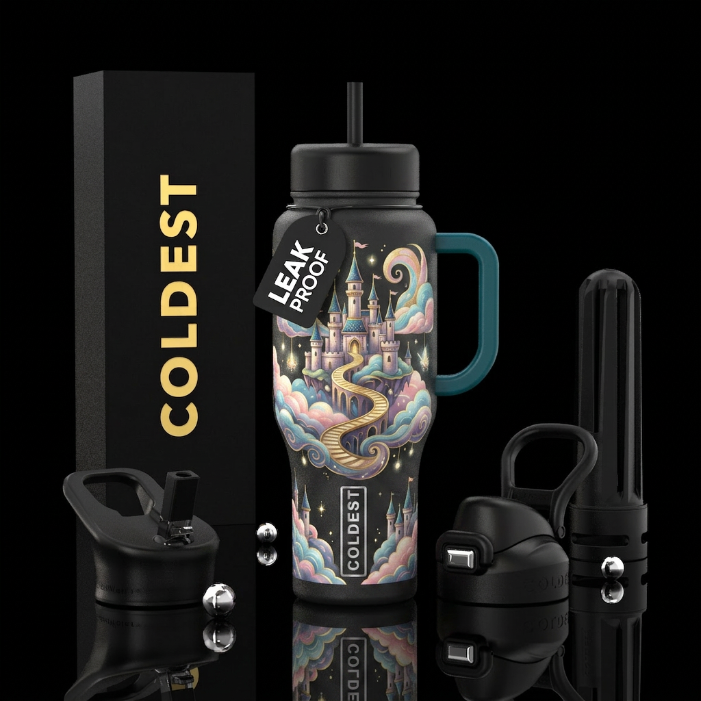 Dream castle in the sky, vibrant, magical, fantasy... water bottle design