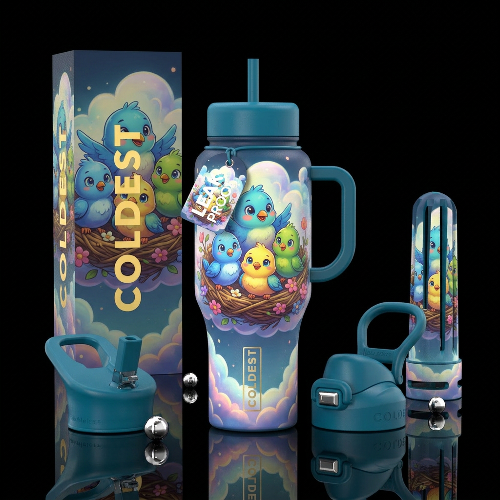 Baby birds nesting, inbued, vibrant, happy mood, l... water bottle design