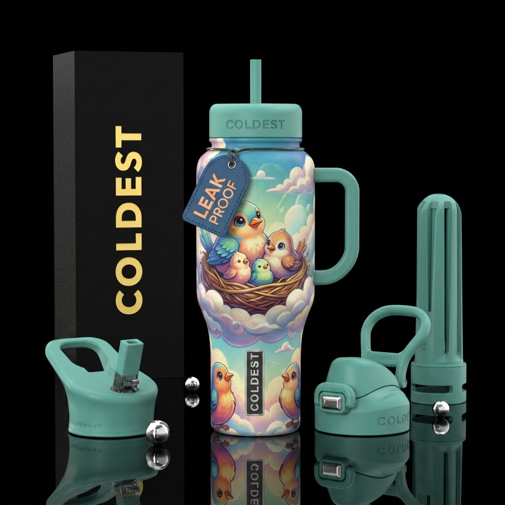 Baby birds nesting, inbued, vibrant, happy mood, l... water bottle design