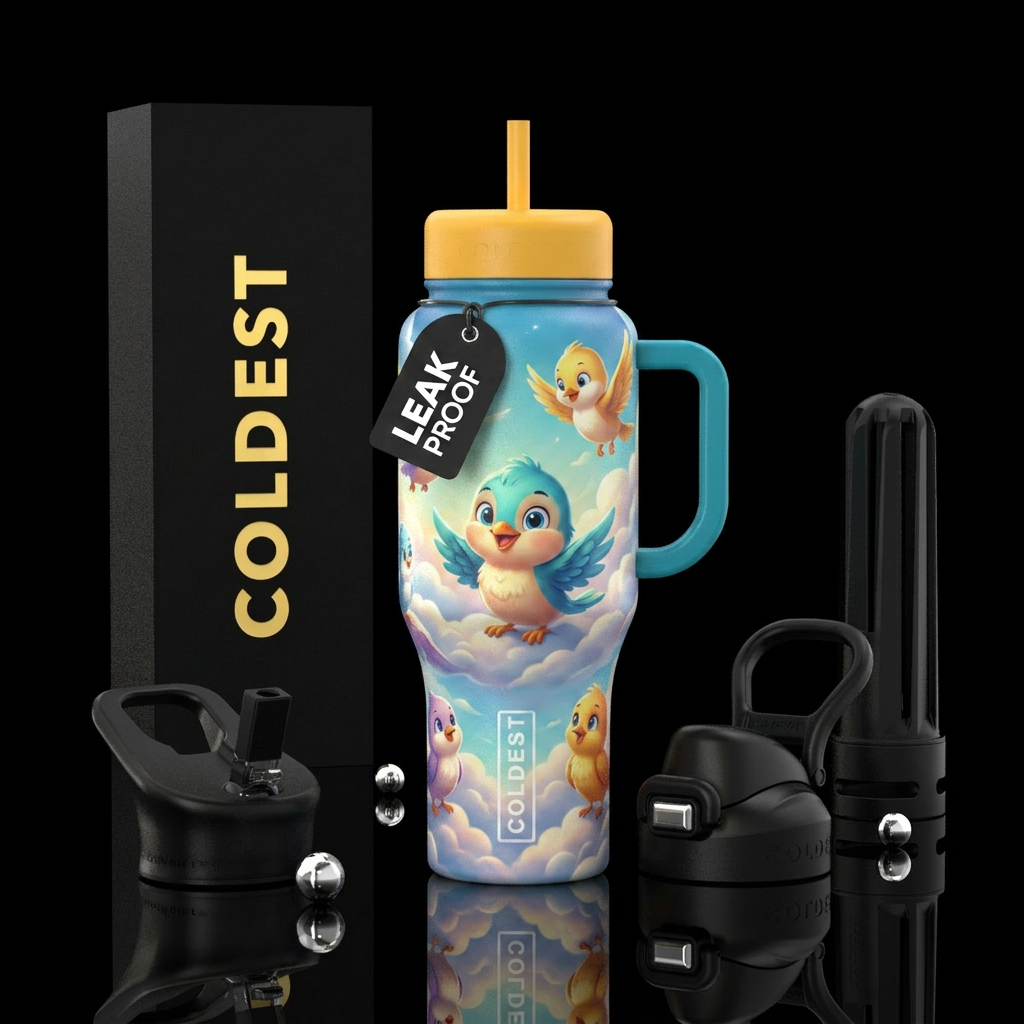 Baby birds, inbued, vibrant, happy mood, luxurious... water bottle design