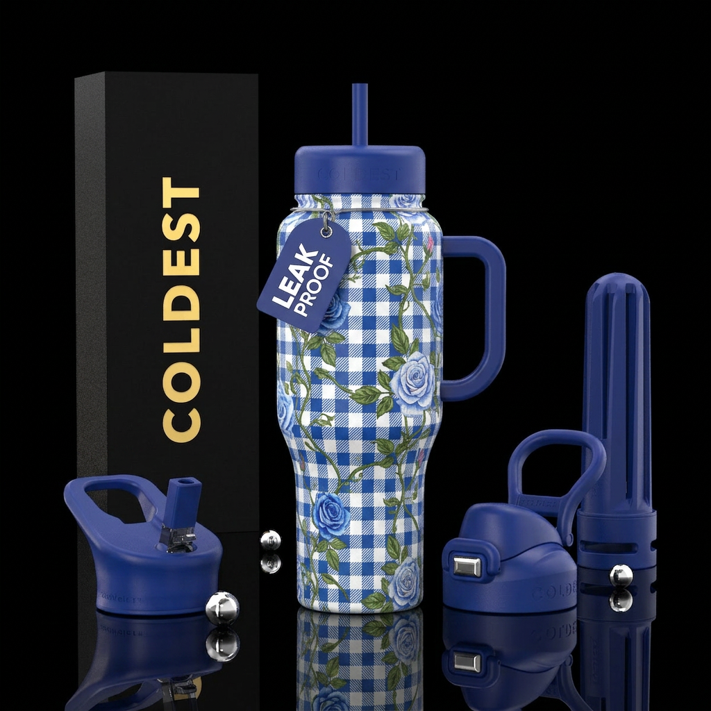 Blue checkered table cloth inspired with roses and... water bottle design