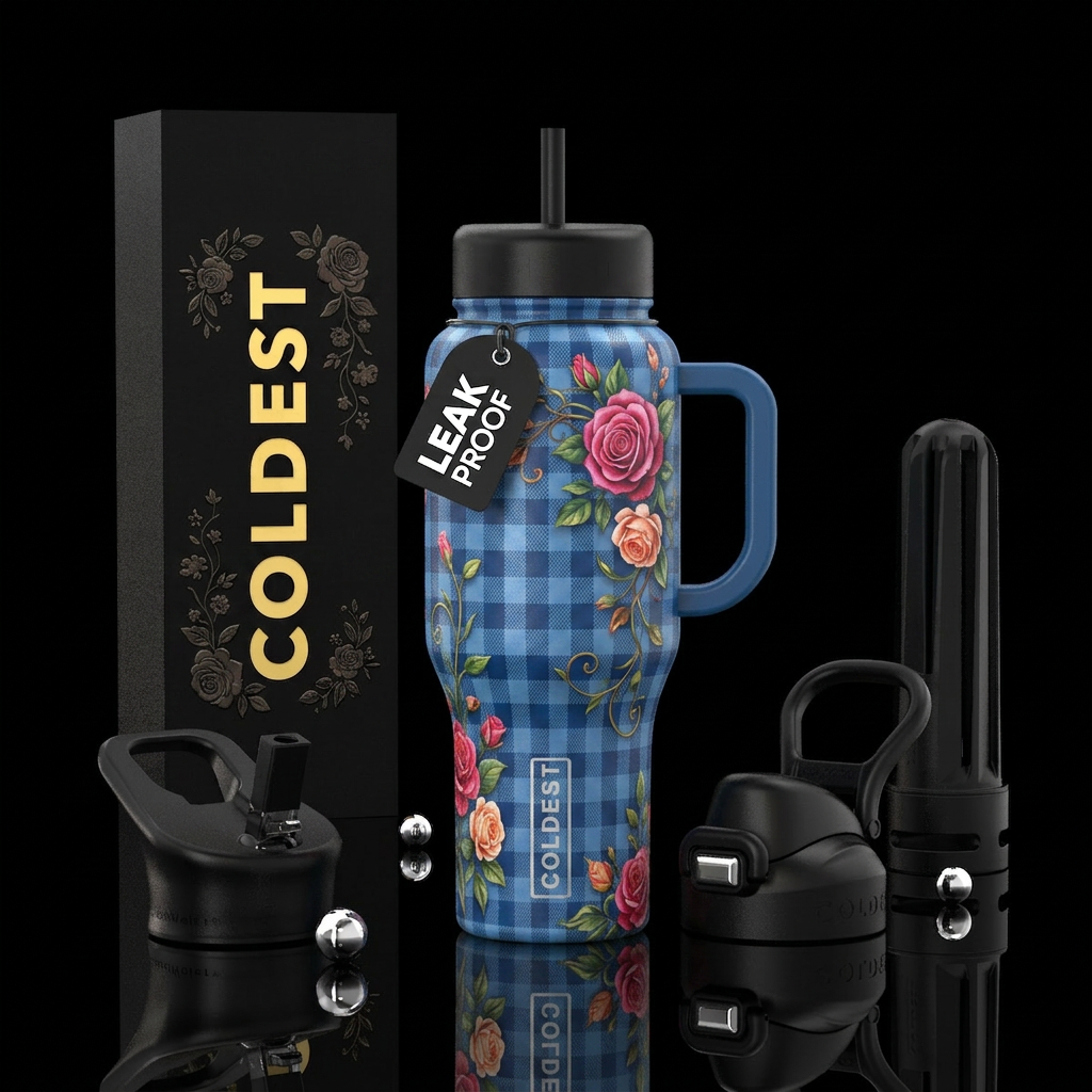 Blue checkered table cloth inspired with roses and... water bottle design